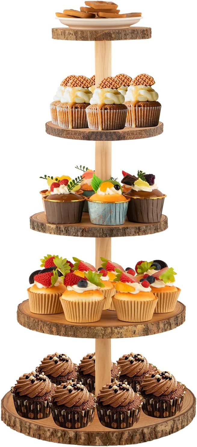 Gusnilo Wooden 5-Tier Rustic Cupcake Stand for Wedding Cakes, Tiered Dessert Tower Display Centerpiece for Parties, Events & Celebrations