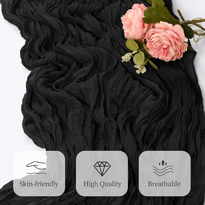 12 Pack Black Cheesecloth Table Runner 17x108 Inch Semi Sheer Boho Gauze Cheese Cloth Fabric Table Runners, for Wedding Party Baby Shower Birthday Home Decor Garden Farmhouse