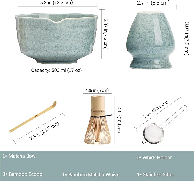 Matcha Kit Set, Matcha Whisk Set Includes Matcha Bowl And Holder, Bamboo Matcha Whisk, Scoop and Matcha Sifter, 17 oz Mottled Blue Glaze Ceramic Matcha Kit for Tea Lovers