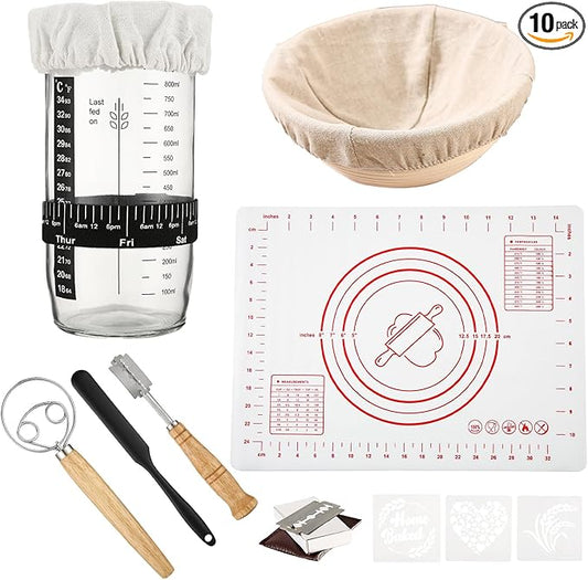 Sourdough Starter Kit | 34Oz Sourdough Bread Baking Supplies - Banneton Bread Proofing Basket, Sourdough kit Included 1x Bread Proofing Basket, Thermometer - Easy to Clean Banneton Basket