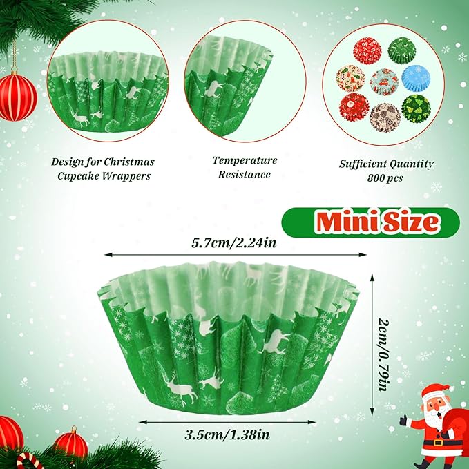 AUGSUN 800pcs Christmas Cupcake Liners Paper Candy Cups Santa Claus Snowman Snowflake Mini Muffin Liners for Xmas Holiday Party Cake Candy Truffles Chocolate Making Supplies（8 Designs）
