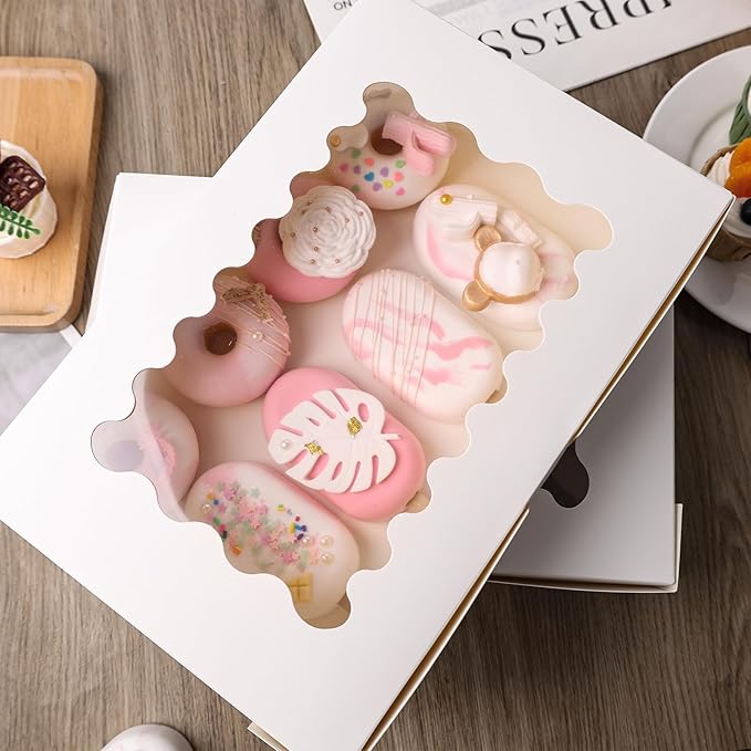 VGOODALL Bakery Boxes with Window, 12x8x2.5 Inches, Set of 20, White Bakery Carrier with Inserts to Hold Cupcakes, Muffins and Pastries
