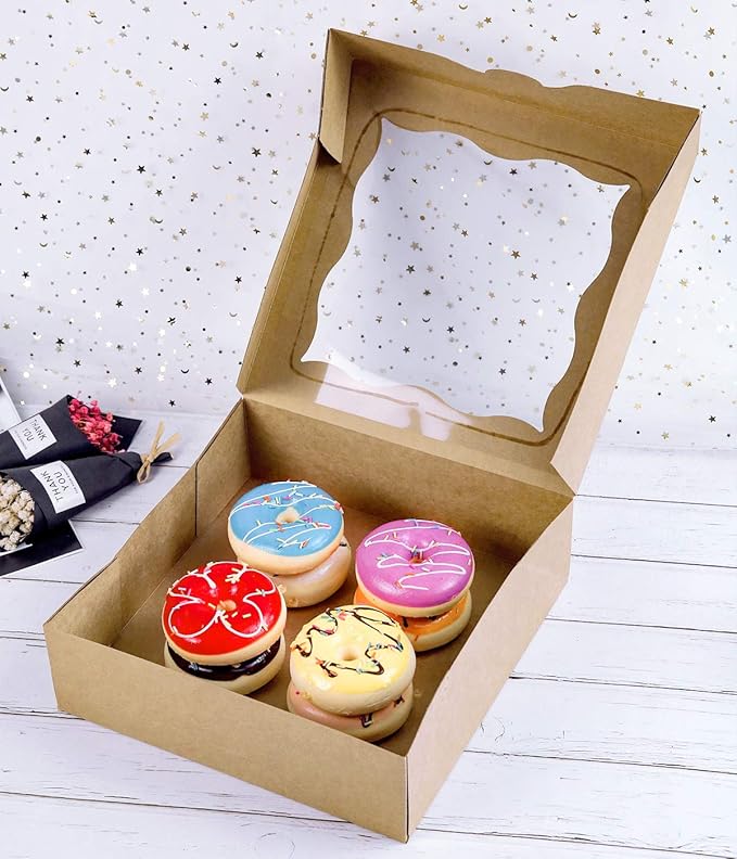 CHERRY 25-PACK 10"x10"x3"Brown Bakery Boxes with PVC Window for Pie and Cookies Boxes Large Natural Kraft Paper Box 10x10x3inch