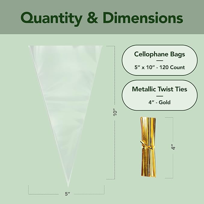 Seal Fresh Cone Cellophane Bags with Twist Ties – 5 x 10 Inch (120 Pack) — Clear Cone-Shaped Treat Bags for Candy, Snacks, Popcorn, Party Favors, Gifts