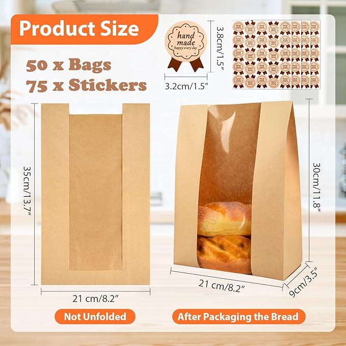 50 Pcs Bread Bags for Homemade, ROOKEA Sourdough Bread Bags with Window for Baked Paper Packaging with Sealing Stickers Bakery Cookie Food Snack Storage Large Kraft Paper 13.7x8.2x3.5 inch