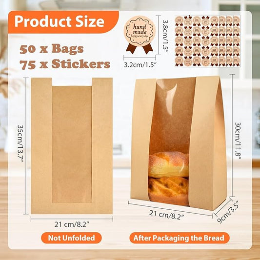 50 Pcs Bread Bags for Homemade, ROOKEA Sourdough Bread Bags with Window for Baked Paper Packaging with Sealing Stickers Bakery Cookie Food Snack Storage Large Kraft Paper 13.7x8.2x3.5 inch