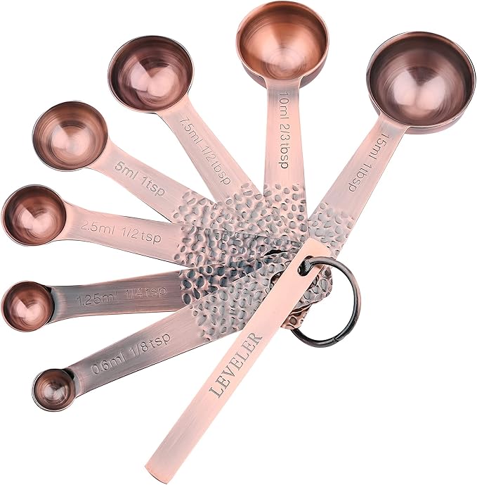 Smithcraft Measuring Spoons Set 7, Copper Plated Measuring Spoons Set for Baking & Kitchen, Metric &US Stainless Steel Measure Tools with Leveler for Dry & Liquid