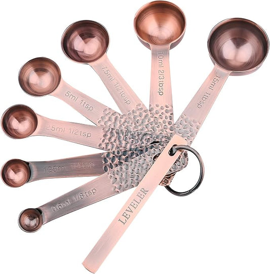 Smithcraft Measuring Spoons Set 7, Copper Plated Measuring Spoons Set for Baking & Kitchen, Metric &US Stainless Steel Measure Tools with Leveler for Dry & Liquid