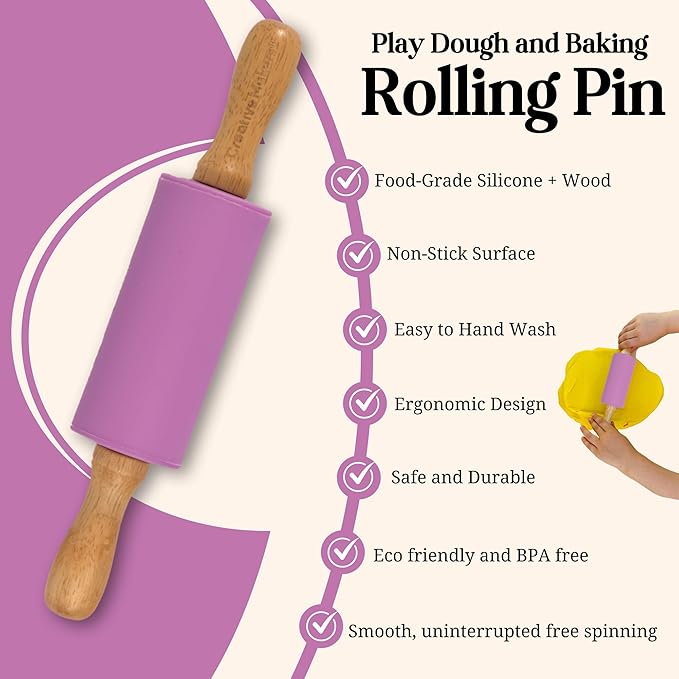 Small Rolling Pin for Kids, Non-Stick Silicone Surface with Wooden Handles for Play Dough and Baking Rolling Pin (Bright Purple)