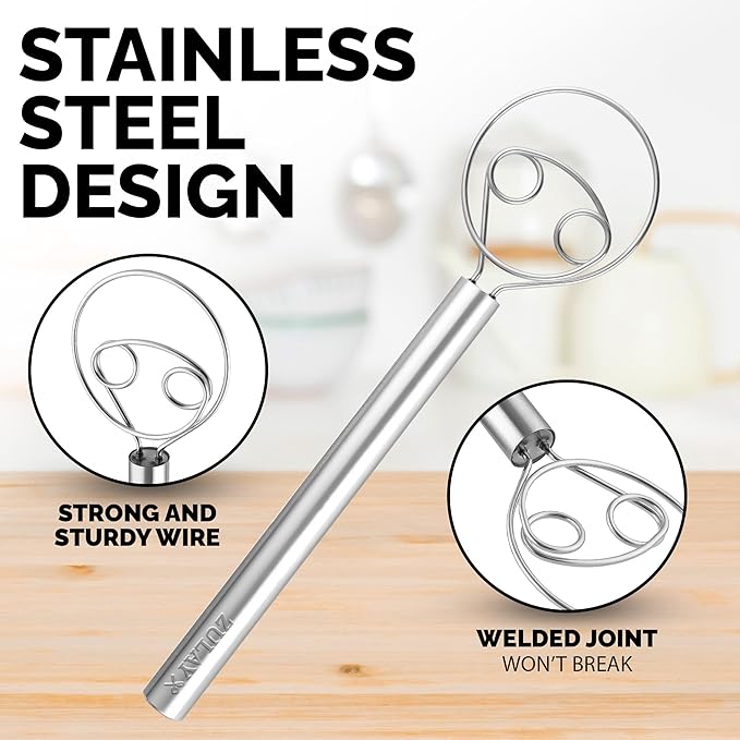 Zulay Kitchen 13-Inch Danish Dough Whisk - Stainless Steel Danish Whisk for Cooking with Dough Hook - Traditional Dutch Whisk - Bread Whisk for Sourdough, Pizza, Pastry, Cake Batter - Stainless Steel
