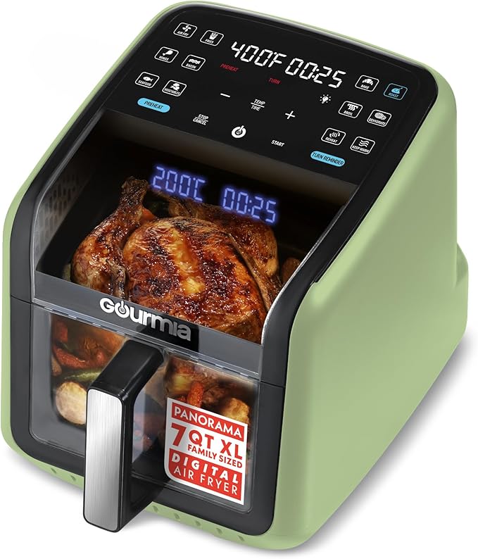Gourmia Air Fryer 7 QT - Easy View Panoramic Window & Interior Light, Guided Cooking with 12 One-Touch Presets, FryForce 360, Dishwasher Safe Accessories, Green
