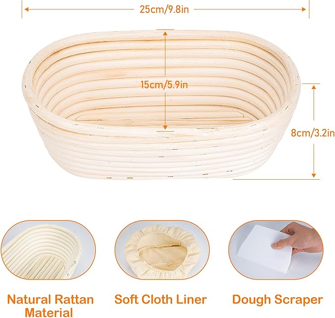 10 Inch Banneton Bread Proofing Basket, Oval Sourdough Proofing Basket with Cloth Liners & Dough Scrapers Set of 10,Bulk Rattan Banneton Sourdough Bowl Basket for Home Baker Supplies