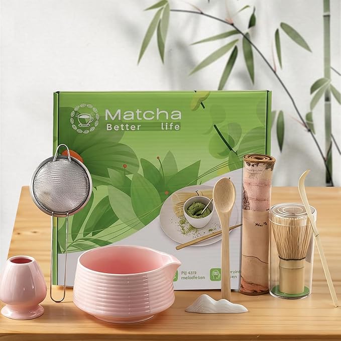 8 Pcs Matcha Whisk Set Chasen Matcha Whisk Bamboo Bowl with Spout Sifter Spoon Scoop Whisk Holder Bamboo Mat Complete Matcha Making Kit (Pink)