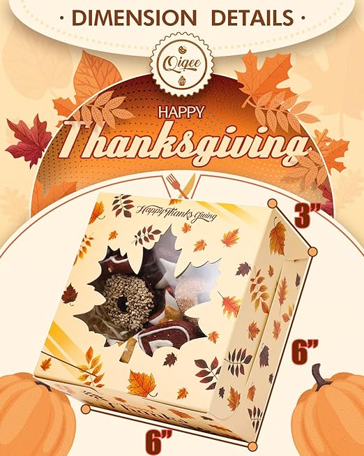qiqee Thanksgiving Bakery Box with Window 60packs 6x6x3 Gold Leaves Cookie Boxes Pastry Box for Thanksgiving Day