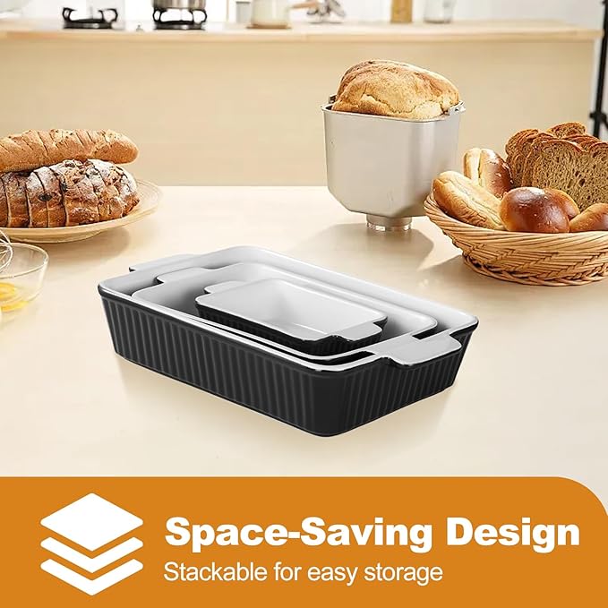 Casserole Dishes for Oven, Porcelain Baking Dishes, Ceramic Bakeware Sets of 3, Rectangular Lasagna Pans Deep with Handles for Baking Cake Kitchen ﻿ (black)