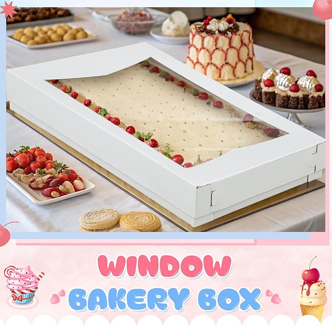 10 Sets 19 x 14 x 4 Inch Corrugated Full Sheet Cake Box with Window Include 10 Paperboard Cake Box Bottom 10 Bakery Top 10 Greaseproof Pad Tray for Dessert