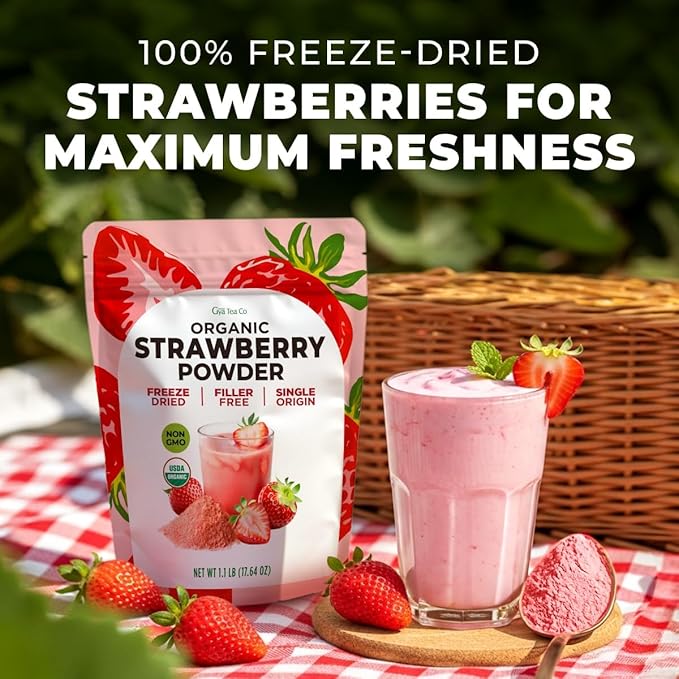 Gya Tea Co Organic Freeze Dried Strawberry Powder 1.1 lb (17.64 oz) - No Sugar Added, Non GMO, Gluten Free - Great Flavor for Milk, Baking, Drinks, Smoothies & Cakes, Vegan Friendly