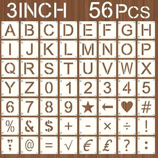 Augshy 3 Inch Letter Stencils Symbol, 56 Pcs Reusable Numbers Craft Stencils Interlocking Templates Kit for Wood Wall, Fabric, Rock Chalkboard, Signage DIY School Art Projects