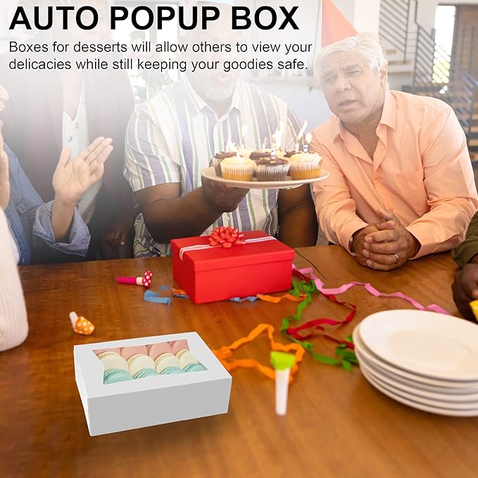 MT Products Cupcake Boxes 8" x 5.75" x 2.5" - Auto Pop-Up Bakery Boxes with Window (Pack of 25) - Made in the USA