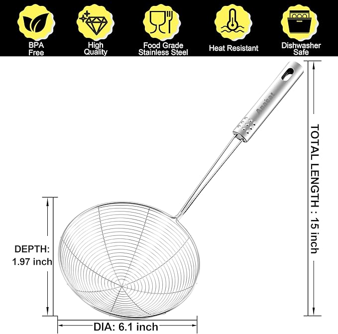 Anaeat 6.1" Stainless Steel Spider Skimmer, Professional Kitchen Pasta Strainer Spoon with Long Handle - Asian Strainer Ladle Wire Skimmer Spoons for Cooking and Frying