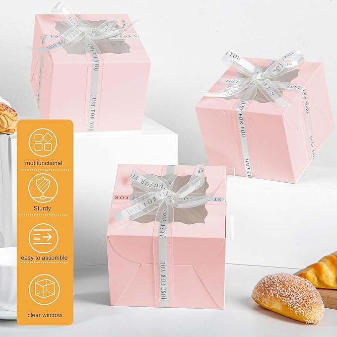 JCD 48PCS (24 Boxes &24 Boards) 8x8x5 Inches Pink Cake Boxes, Small Bento Cake Box, Mini Cake Boxes sets cake within 8'' Package for Pastries, Cupcakes, Birthday, Wedding(Pink8*8 * 5inch/24sets)