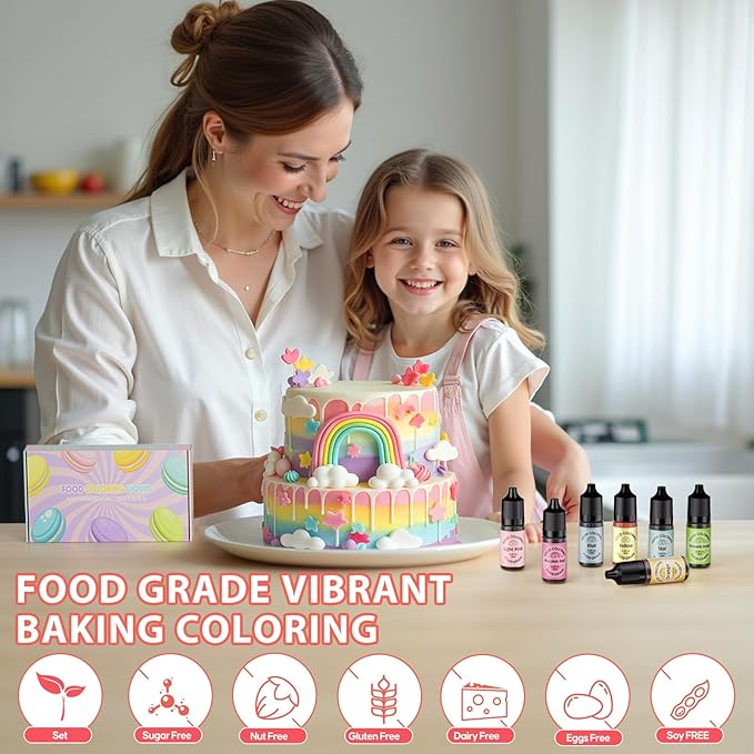 Cherrysea Food Coloring for Cake Decorating Macaron Edible Food Dye for Baking Royal Icing Cookie Supplies Gluten Free 7x12ml Food Grade Liquid Food Color Kits, 0.4 Fl. Oz/Bottles