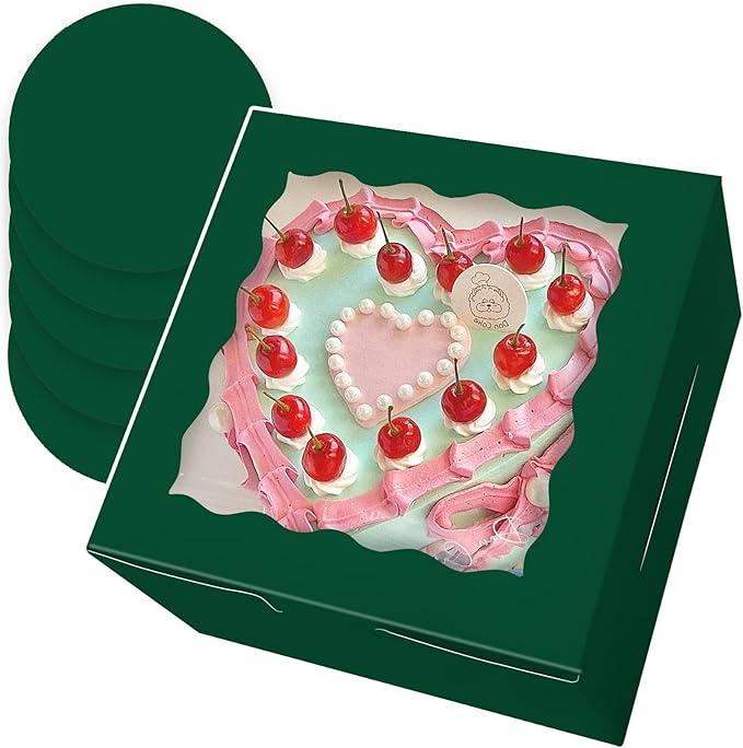 Bakepacker Deep Green 8x8x5 Inches 36pcs Cake Boxes with Window 18-Packs Deep Green Cake Boxes 8 Inch Bakery Boxes (18 Cake Boxes +18 Cake Boards Included)