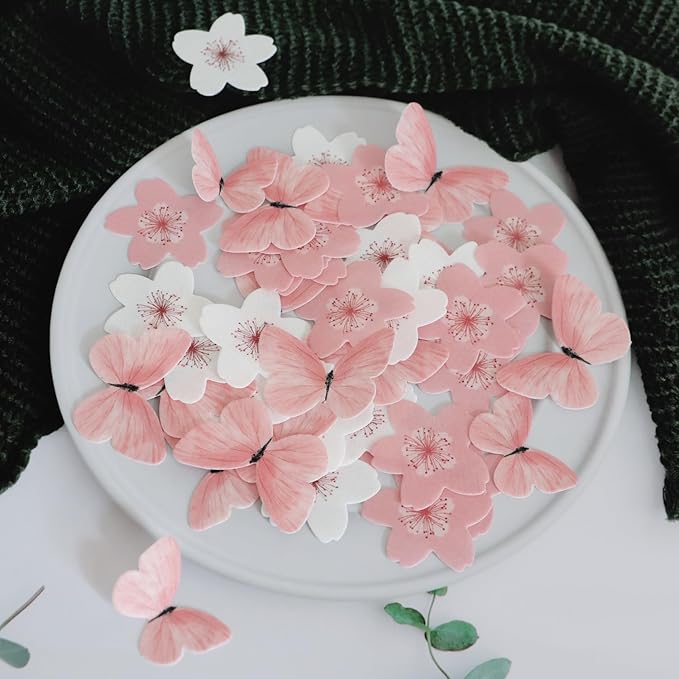 Pink Series Cherry Blossom Butterfly Edible Cake decoration Wedding pink theme Birthday party Wafer paper pink butterfly dessert decoration (Set 5【Mix 104pcs】)
