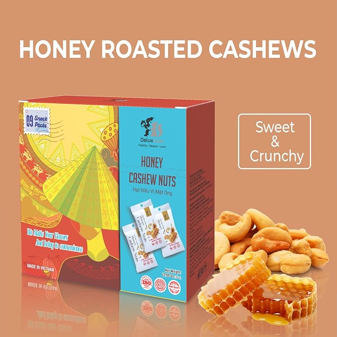 DELUXNUTS Roasted Honey Cashews (9 Packs), Whole Cashew Nuts, Individual Packs, Healthy Snack for Kids & Adults, Good Source of Protein, Gluten-Free