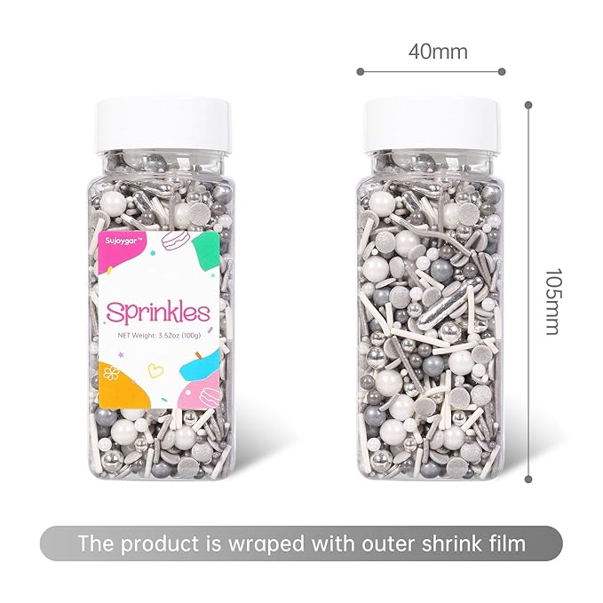 Silver Sprinkles for Cake Decorating, White Silver Sprinkles Mix for Cupcakes Toppers, Ice Cream, Cookie, 3.52oz