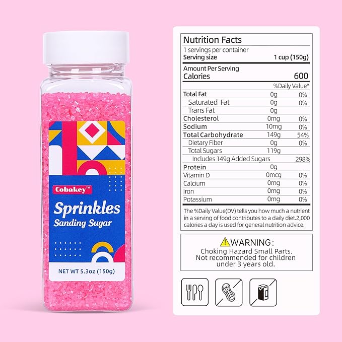 Pink Sanding Sugar 150g (5.3 oz) - Edible Sparkling Sugar for Baking Decorations, Cookies, Cakes, Cupcakes Ice Cream Toppers - Vibrant Pink Color Sugar Crystals