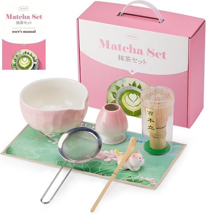 7 Pcs Matcha Whisk Set, Matcha Set Pink,Matcha Kit,Matcha Tea Set,Matcha Bowl Set with Pink Cat Scoop Holder, Tea Cloth, Sifter(Gradient Pink)