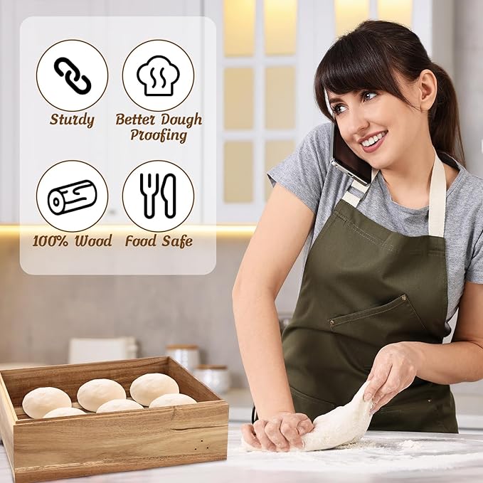 Remerry 2 Wooden Pizza Dough Proofing Box with 1 Lid, 1 Scraper Set 16" x 12" x 9" Stackable Dough Pizza Proofing Box Container for Home, Mobile, or Pizzeria