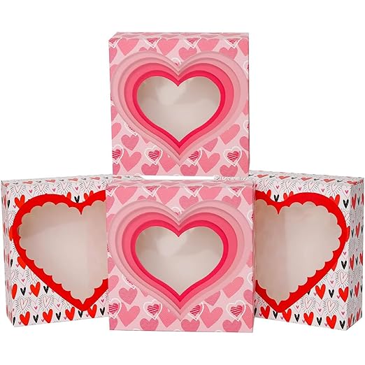 qiqee Auto-pop Up Valentine Pastry Box with Window 8x8x2.5 inch Donut Pie Boxes 12pcs Bakery Box for Valentine''s Day