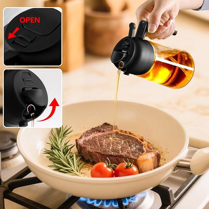 2PCS Oil Sprayer for Cooking, 16oz/470ml 2 In 1 Glass Olive Oil Sprayr & pourer for Kitchen, Air Fryer, Cooking, Salad, BBQ (Black,White)