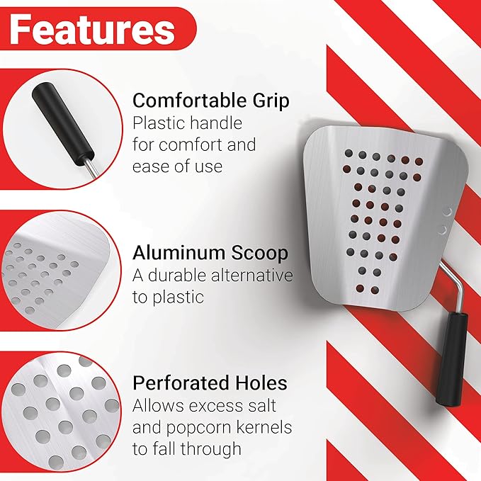 Poppy's Large Aluminum Popcorn Scoop - Kernel Sifting Speed Scoop for Commercial and Home Use
