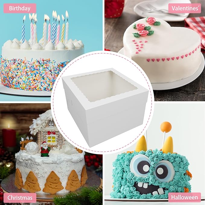 4 Pack 12x12x8 Inch White Cake Boxes with Window - Disposable Bakery Boxes for Cakes, Cupcakes, Cookies, and Pastries
