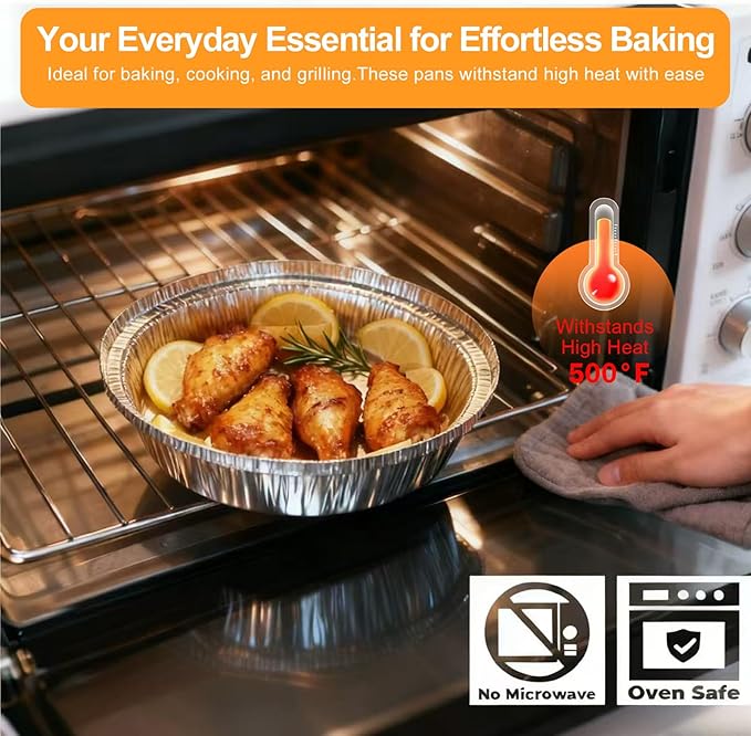 BIBRADAA® 40 Pack 9” Round Disposable Aluminum Pans with Lids,Aluminum Foil Pans,Plus300pcswith Baking Parchment,Air Fryer Paper Liners,hamburger patty paper，Basting Brushes. (40 Pack rd w/Lids)