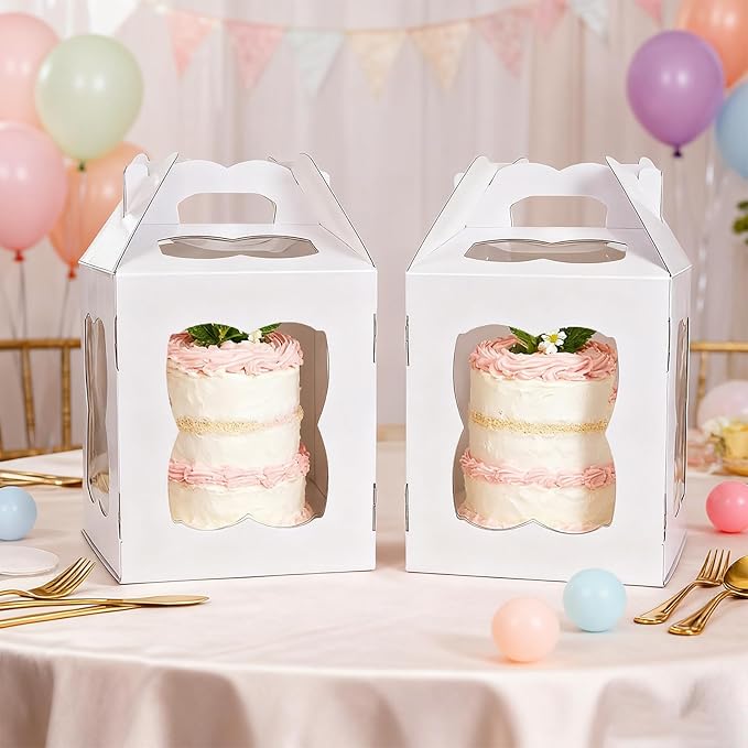 6 Pieces Tall Cake Boxes for Tier Cakes, 10''W x 10''L x 12''H Paper Bakery Carrier with Cake Board Window Handle, Disposable Large Layer Cake Safe Transport Box for Birthday, Wedding, Party