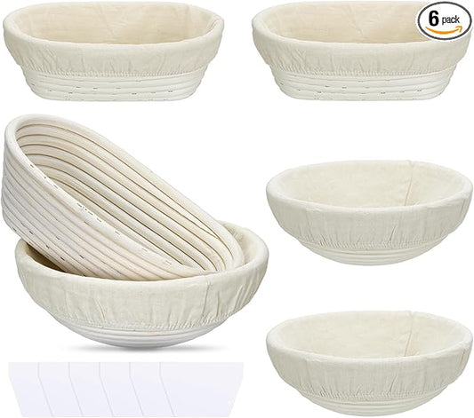 6 Pack Banneton Bread Proofing Basket 10 Inch Oval and 9 Inch Round Proofing Bowls for Sourdough Bread Baking with Liner and Dough Scraper