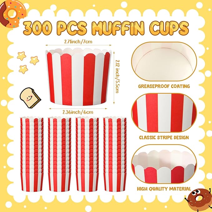 300 Pcs Cupcake Liners Baking Paper Cup Muffin Liners Stripes Cupcake Wrappers 2.3 Inch Muffin Baking Cups for Carnival Halloween Birthday Party Supplies(Red and White)