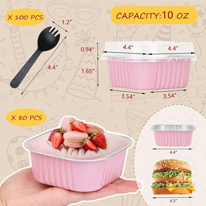 LNYZQUS 10oz/80pack Mini Cake Foil Pans with Lids, 4”x4” Large Cupcake Pan Disposable Ramekins,Small Brownie Baking Cups Square Muffin Tin Cheesecake Containers Holders-Pink