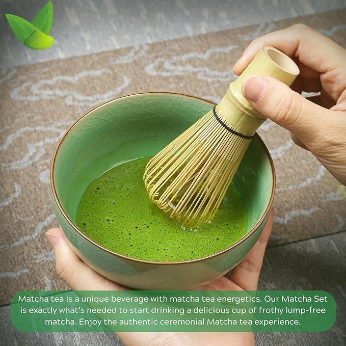 Matcha Whisk Set – 5 Piece Bamboo Whisk Kit with 100-Prong Chasen, Scoop, Tea Sifter, Whisk Holder & Ceramic Bowl – Traditional Japanese Style for Matcha Lovers (Green)