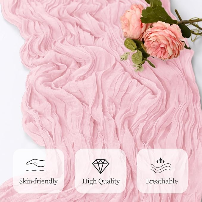 6 Pack Light Pink Cheesecloth Table Runner 17x108 Inch Semi Sheer Boho Gauze Cheese Cloth Fabric Table Runners, for Wedding Party Baby Shower Birthday Home Decor Garden Farmhouse