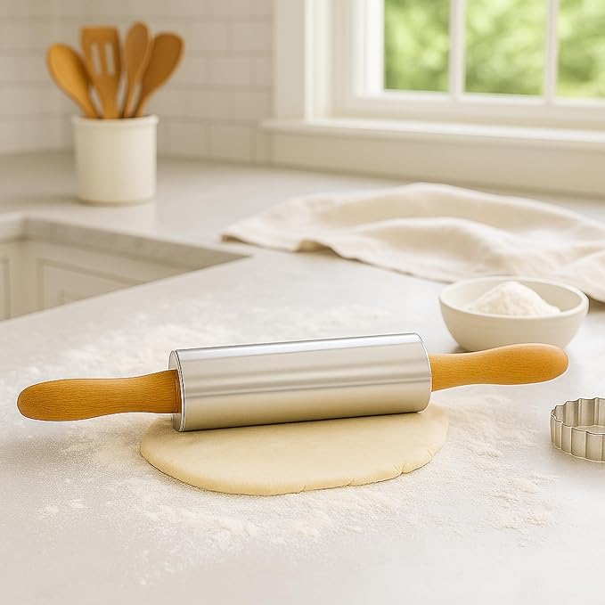 Beille Oak Wood Stainless Steel Barrel Classic Bakers Rolling Pin Baking Supplies Kitchen Essentials (2 Sizes) (13 Inch)