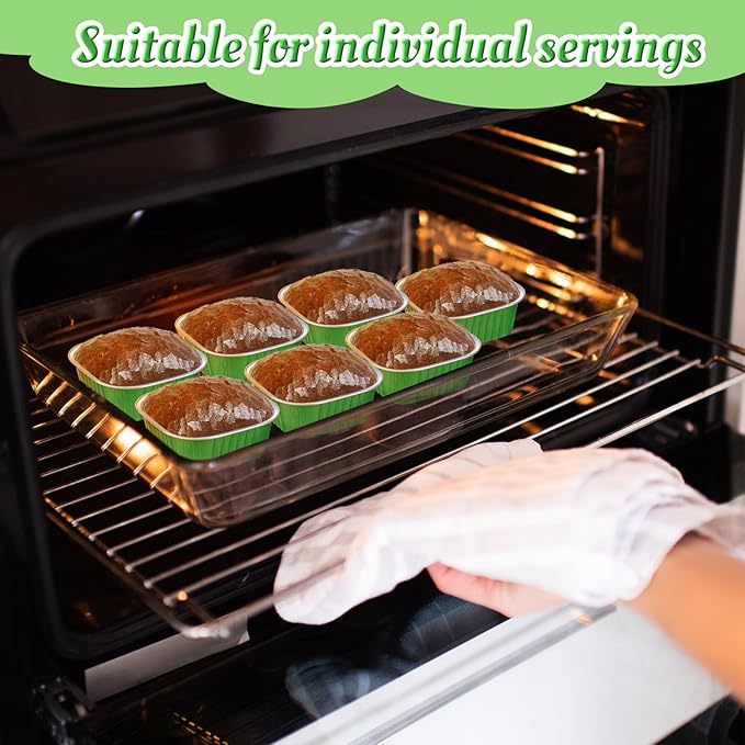 Aoriher 300 Pieces 10 oz Mini Cake Pans with Lids, Aluminum Foil Baking Cups, Square Disposable Cupcake Cups Baking Tins for Wedding Birthday Party Supplies(Green)