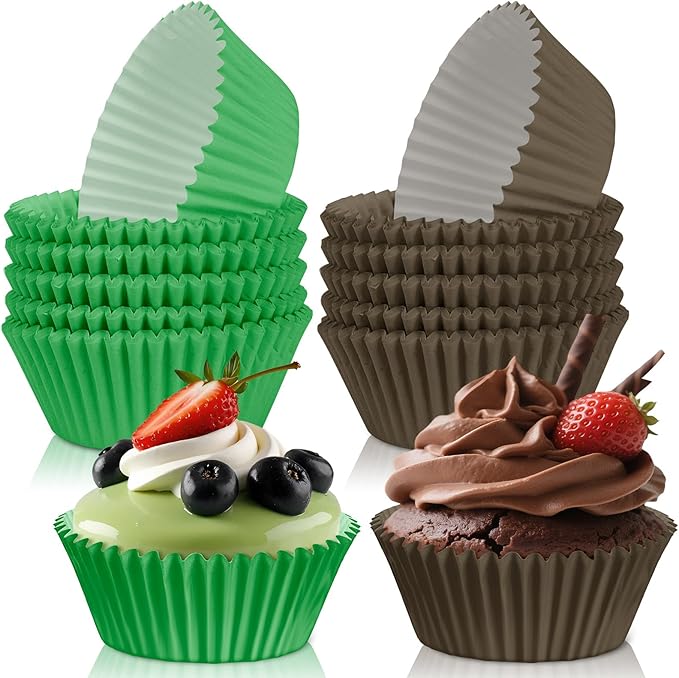 200PCS Brown and Green Cupcake Liners Mini Muffin Baking Cups Wrappers for Green and Brown Birthday Party Supplies Disposable Pastel Cupcake Papers for Botanical Garden Tea Party Decorations