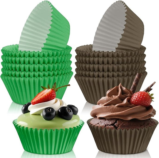 200PCS Brown and Green Cupcake Liners Mini Muffin Baking Cups Wrappers for Green and Brown Birthday Party Supplies Disposable Pastel Cupcake Papers for Botanical Garden Tea Party Decorations