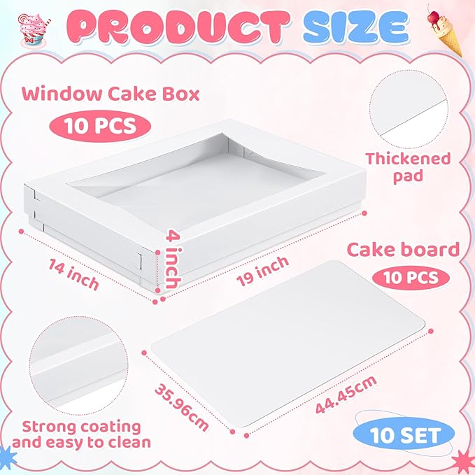 10 Sets 19 x 14 x 4 Inch Corrugated Full Sheet Cake Box with Window Include 10 Paperboard Cake Box Bottom 10 Bakery Top 10 Greaseproof Pad Tray for Dessert