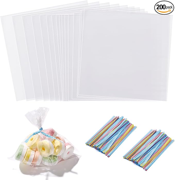 Brandon-super 200 PCS Transparent Clear Cellophane Bags 4x4 Inches, Clear Treat Bags with Ties for Cookie Bags Resealable Cellophane Bag for Packaging Cookies,Gifts,Products,Candy,Favors, Brandon610